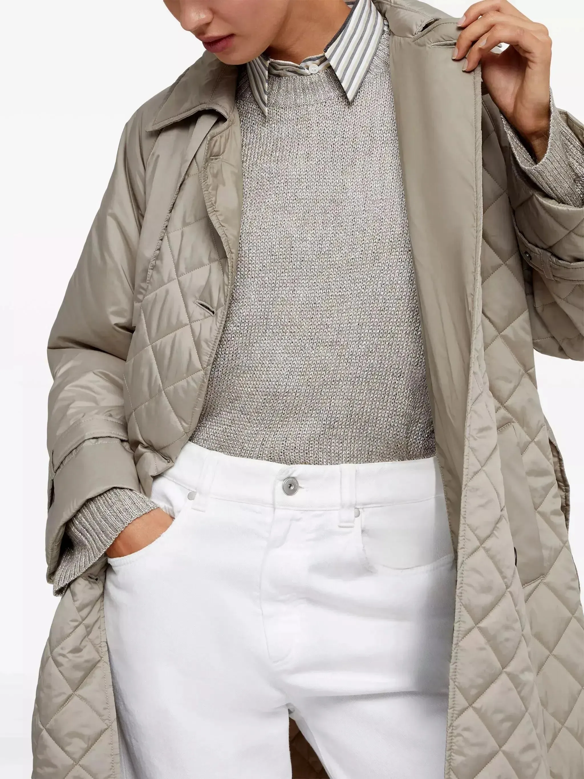 Belted Double-Breasted Quilted Trench Coat in Beige