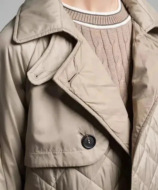 Belted Double-Breasted Quilted Trench Coat in Beige