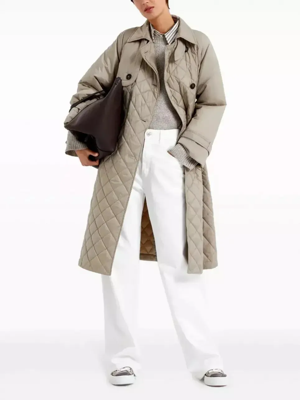 Belted Double-Breasted Quilted Trench Coat in Beige