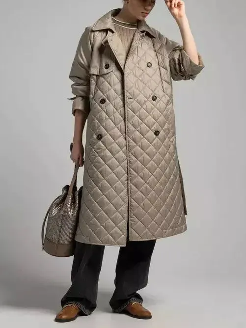 Belted Double-Breasted Quilted Trench Coat in Beige