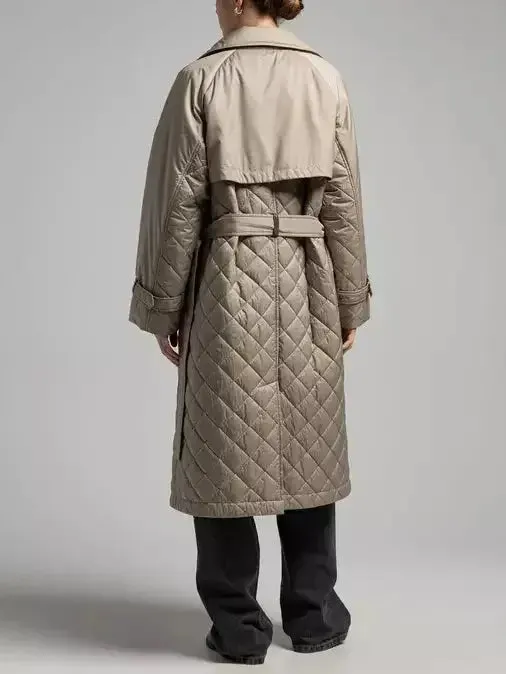 Belted Double-Breasted Quilted Trench Coat in Beige