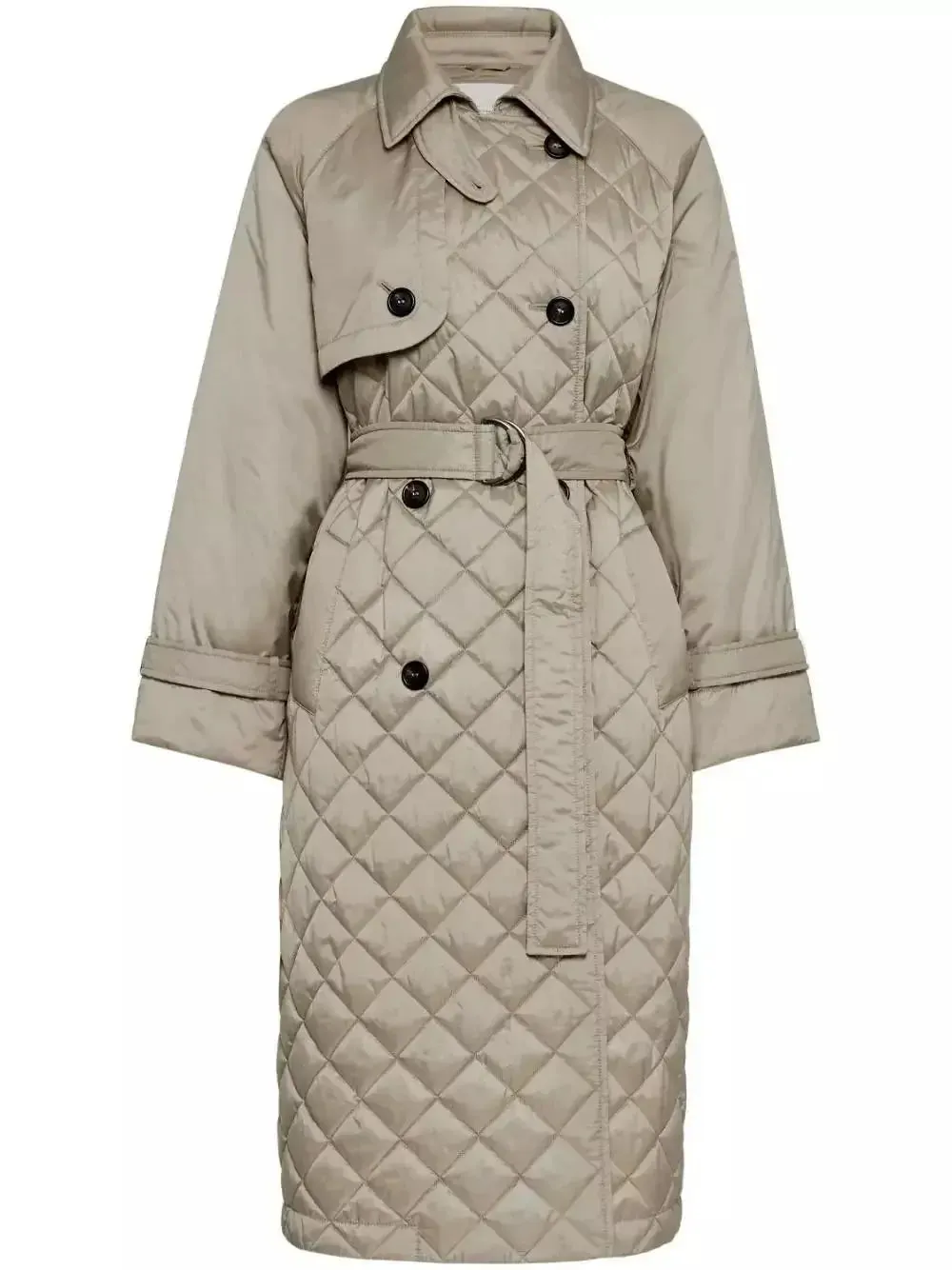 Belted Double-Breasted Quilted Trench Coat in Beige