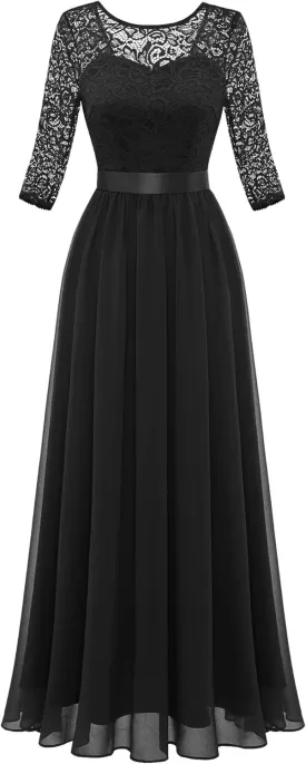 BeryLove Women Long Sleeve Formal Party Dress Lace Wedding Guest Maxi Dresses Elegant Cocktail Evening Gowns