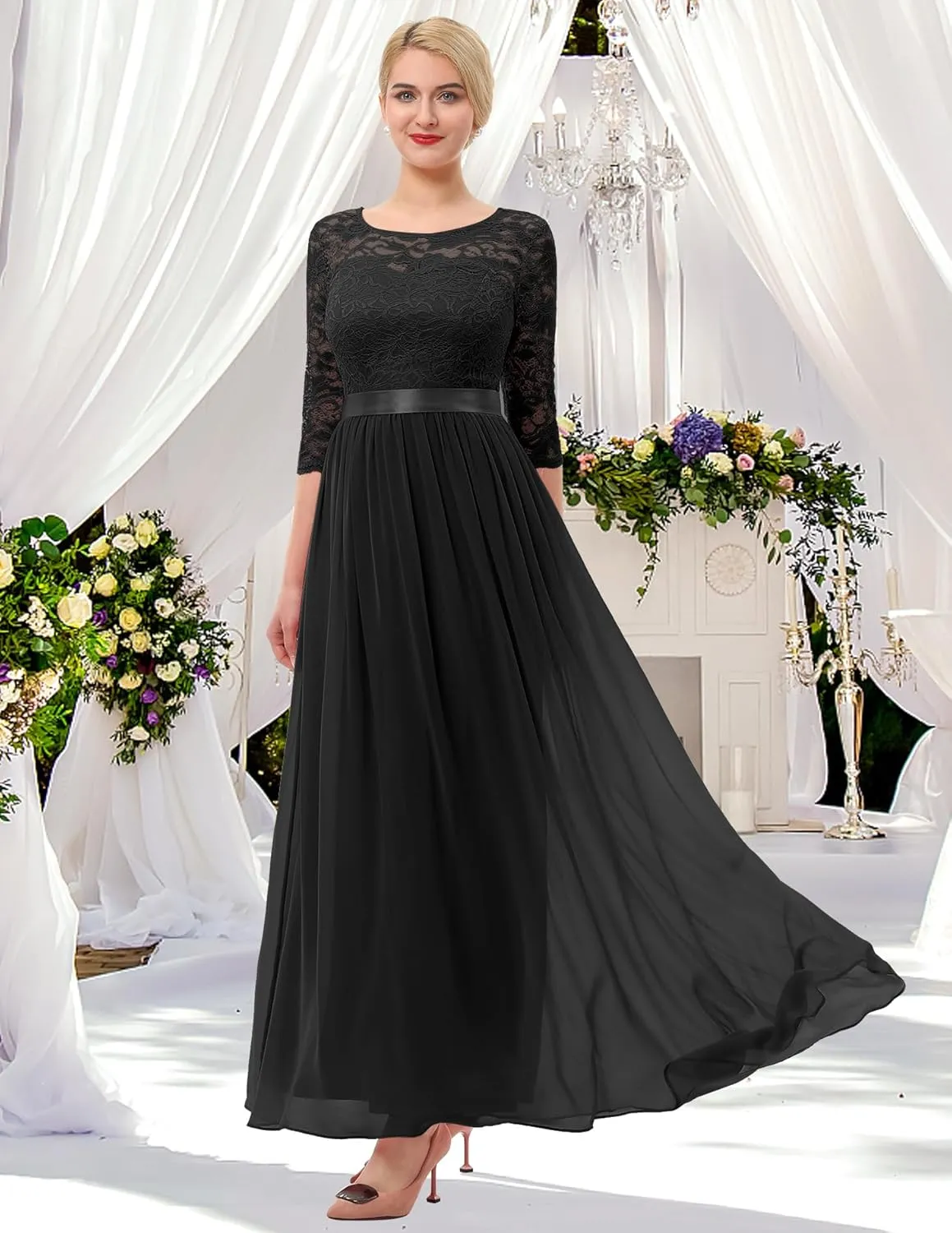 BeryLove Women Long Sleeve Formal Party Dress Lace Wedding Guest Maxi Dresses Elegant Cocktail Evening Gowns