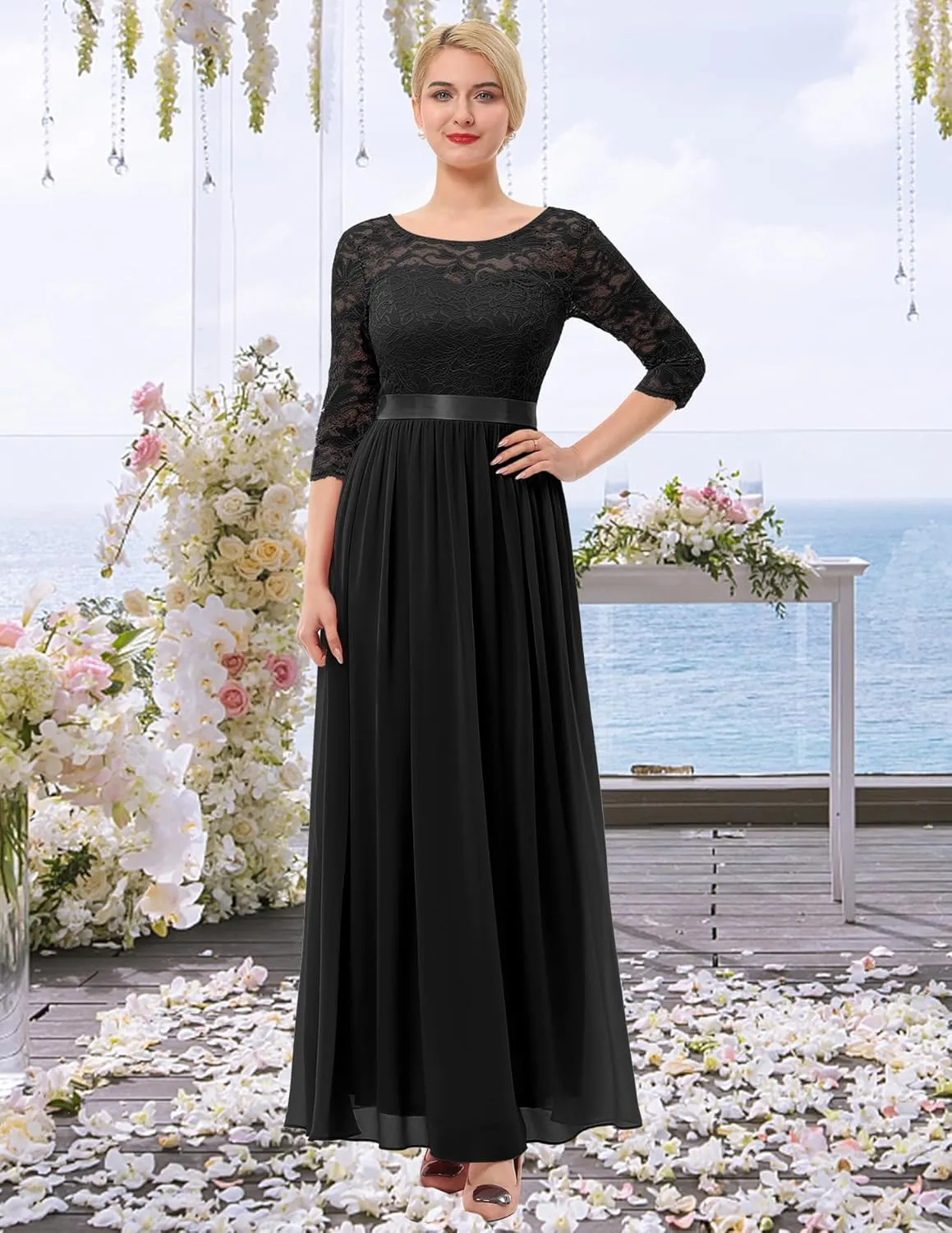 BeryLove Women Long Sleeve Formal Party Dress Lace Wedding Guest Maxi Dresses Elegant Cocktail Evening Gowns