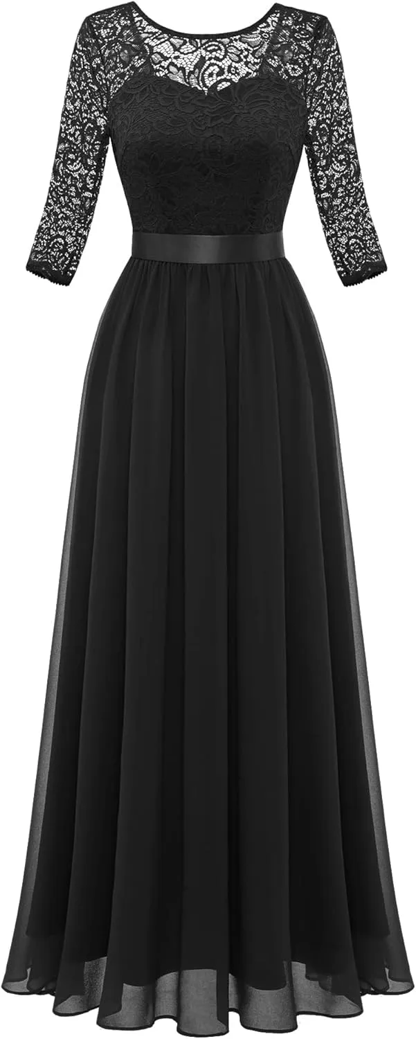 BeryLove Women Long Sleeve Formal Party Dress Lace Wedding Guest Maxi Dresses Elegant Cocktail Evening Gowns