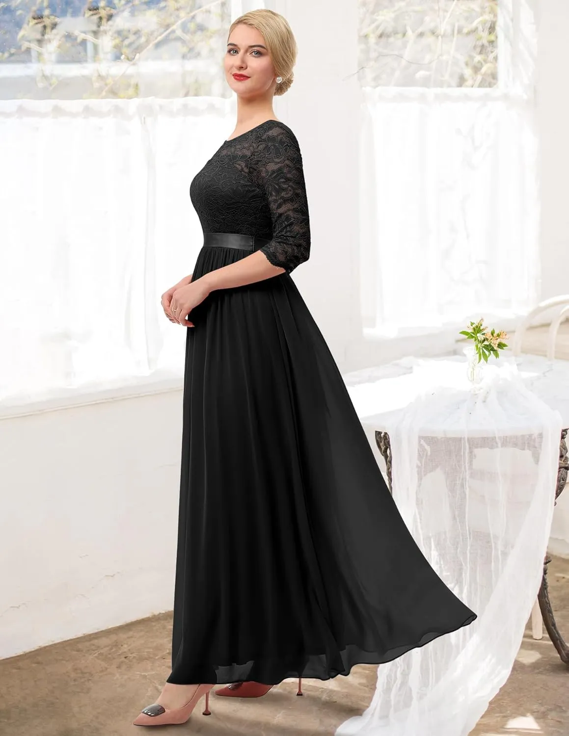BeryLove Women Long Sleeve Formal Party Dress Lace Wedding Guest Maxi Dresses Elegant Cocktail Evening Gowns
