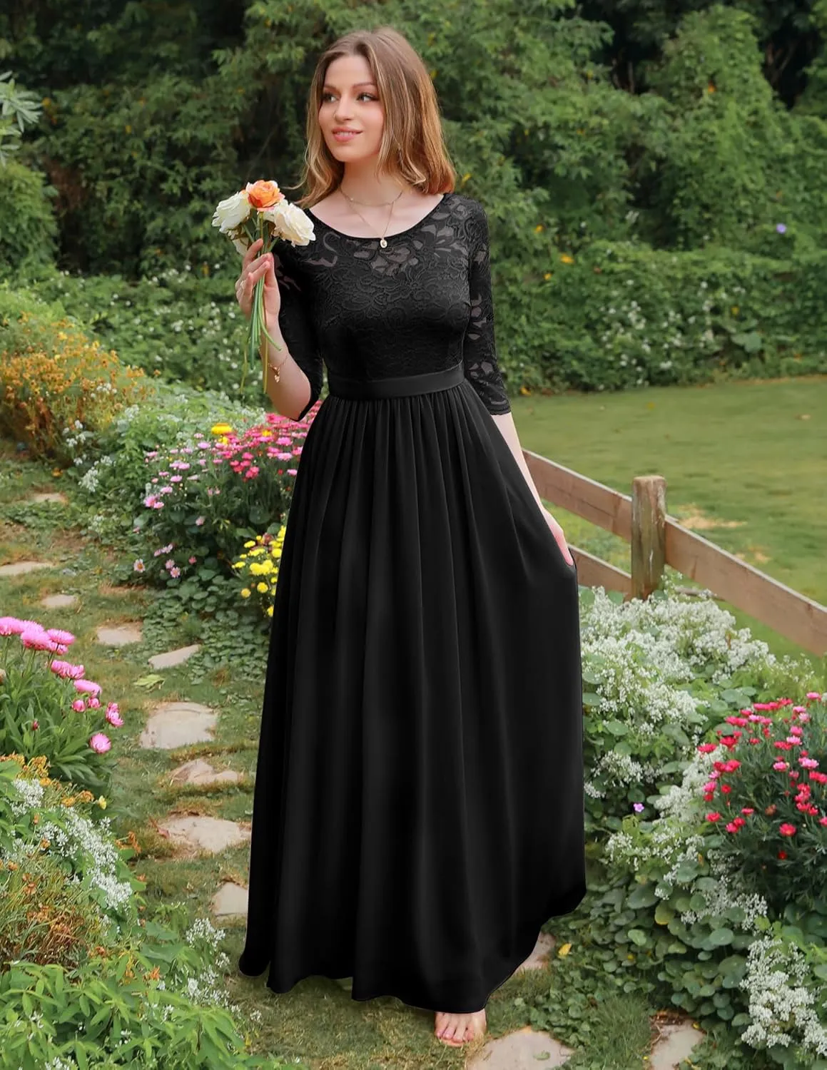 BeryLove Women Long Sleeve Formal Party Dress Lace Wedding Guest Maxi Dresses Elegant Cocktail Evening Gowns