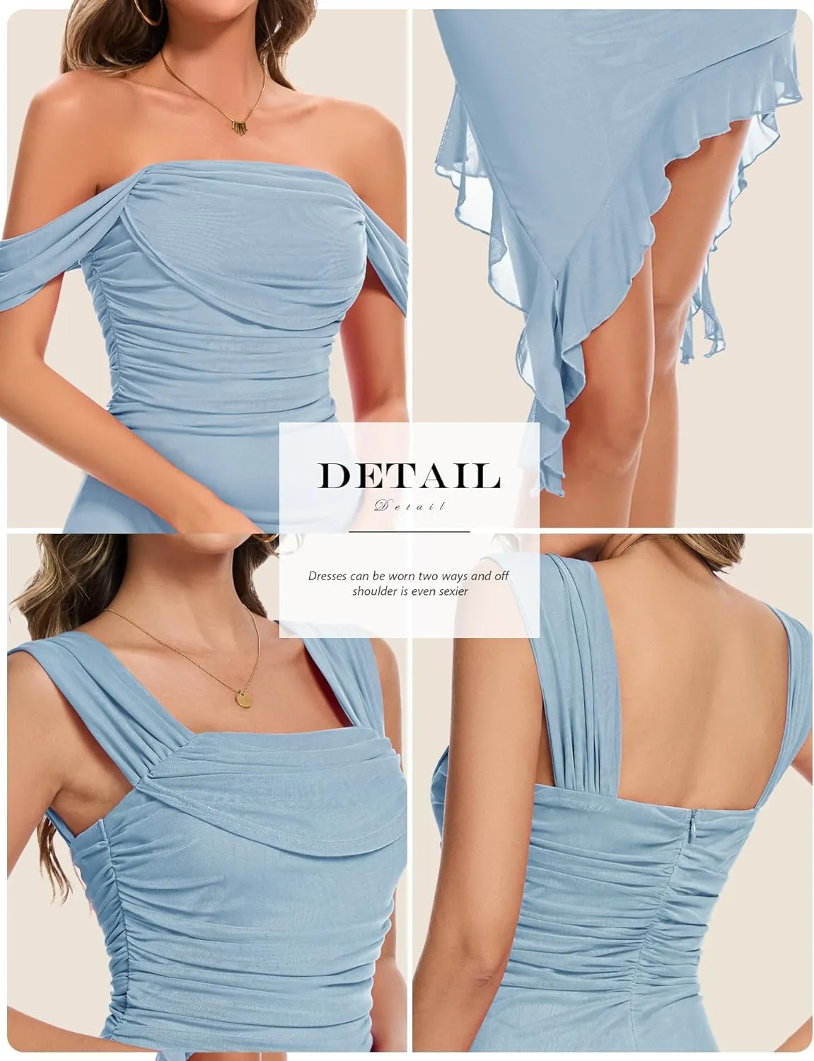 BeryLove Womens Sexy Off Shoulder Mesh Midi Wedding Guest Dresses Ruched Bodycon Ruffled Cocktail Dress