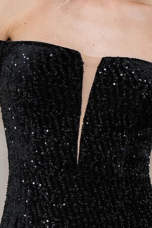 Black Long Sleeve Off Shoulder Velvet Sequin Maxi Dress