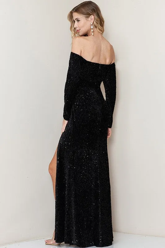 Black Long Sleeve Off Shoulder Velvet Sequin Maxi Dress
