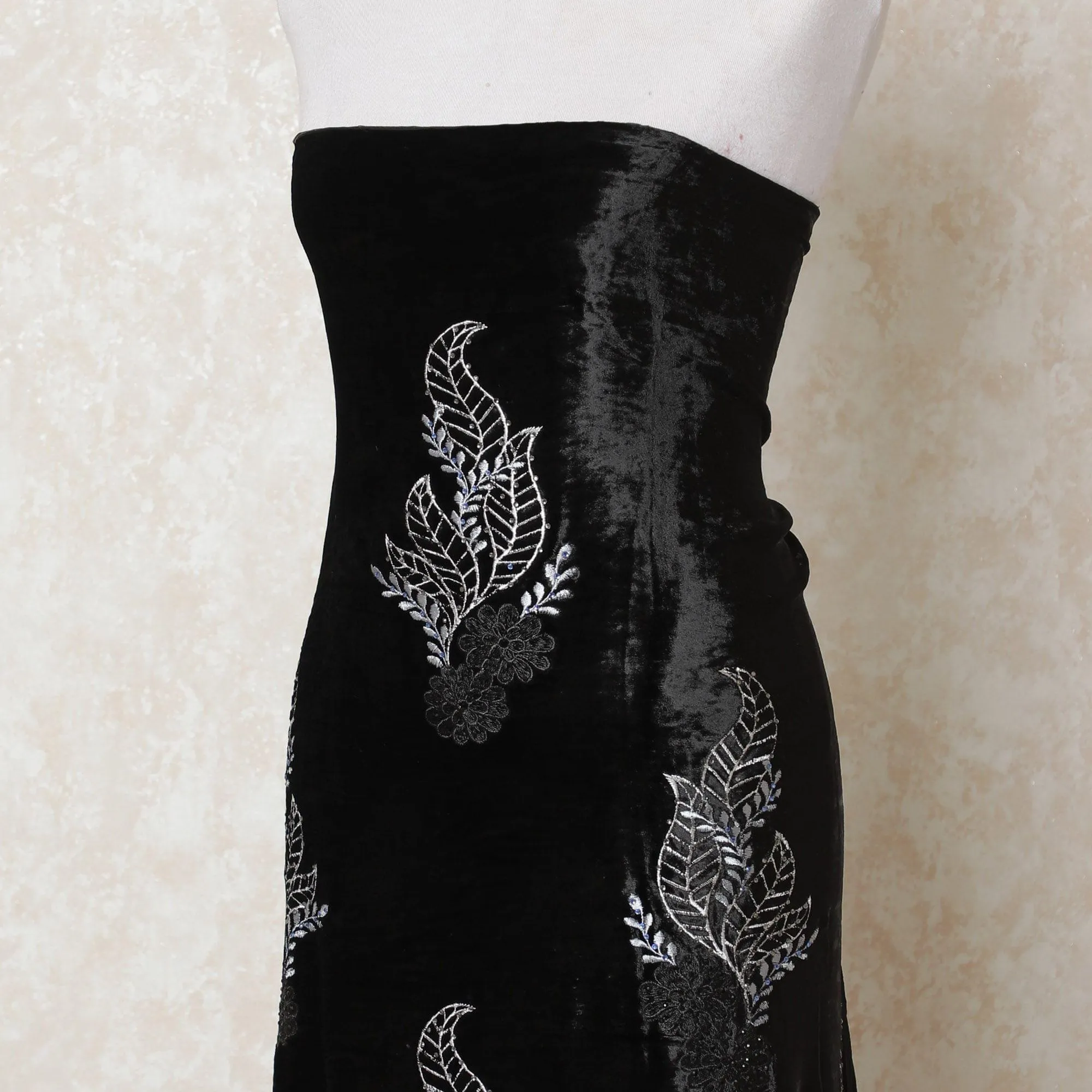 Black silk blended velvet fabric with same tone, powder blue embroidery having stone work in floral design-D11858