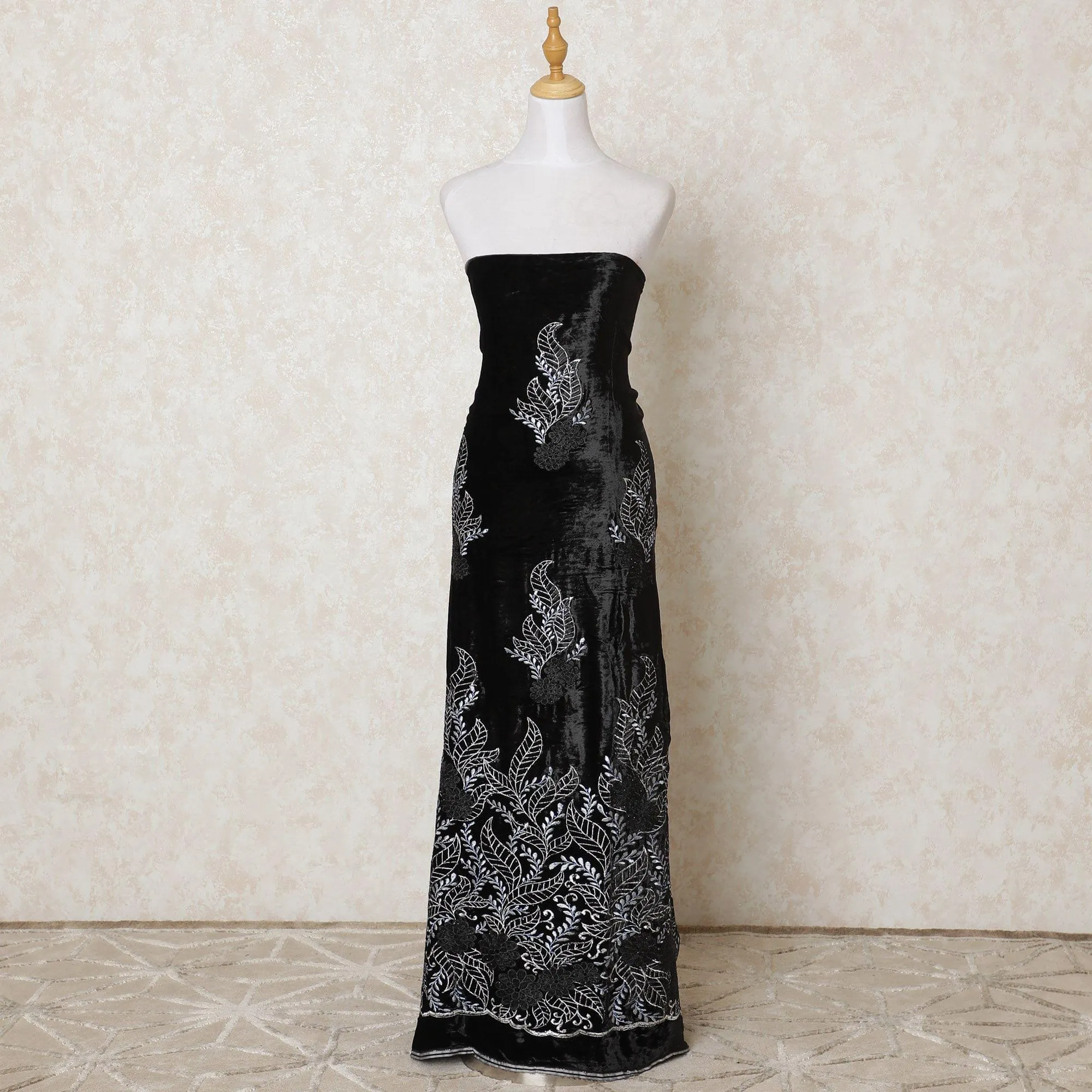 Black silk blended velvet fabric with same tone, powder blue embroidery having stone work in floral design-D11858