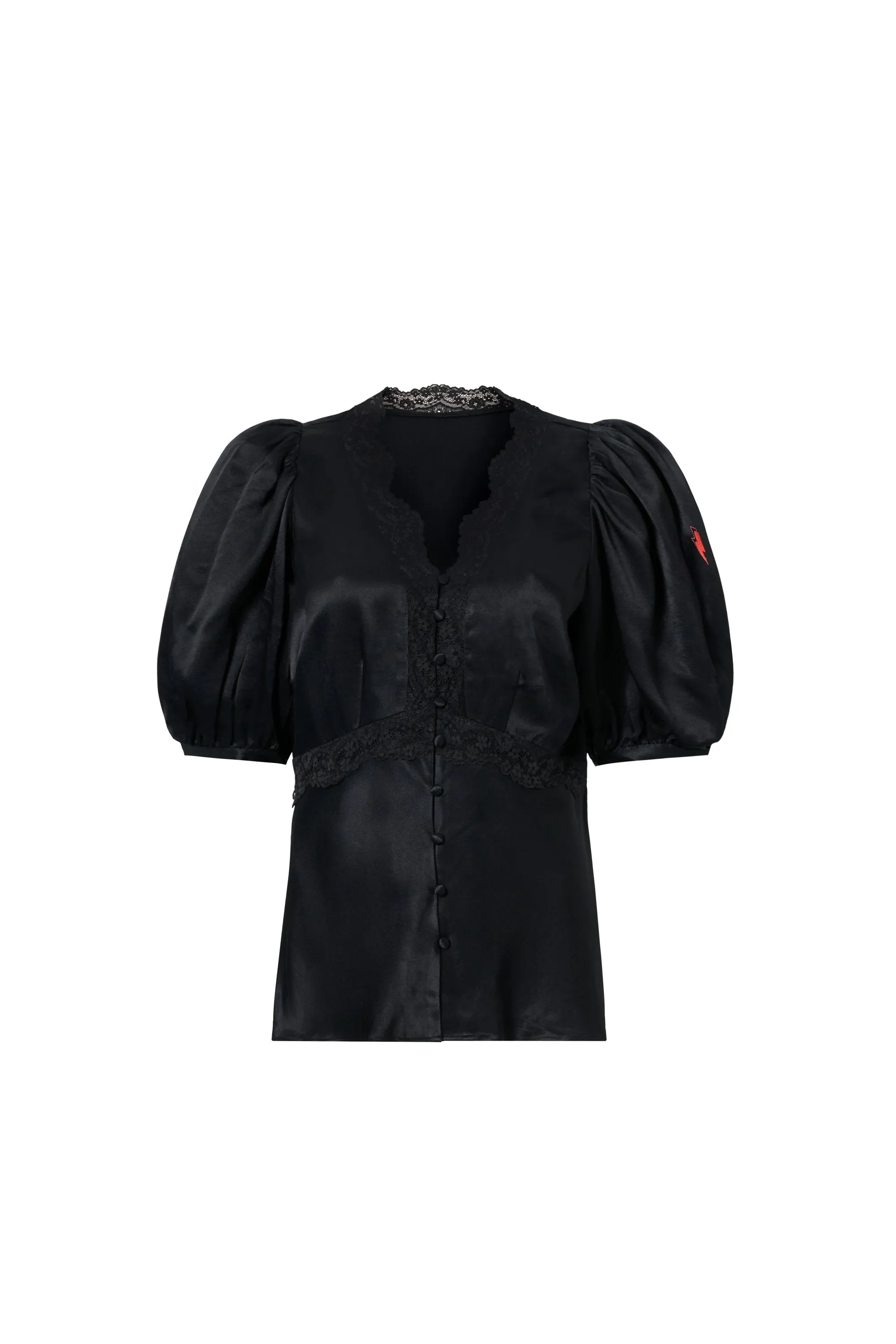 Black with Lace Trim Puff Sleeve Button Through Blouse