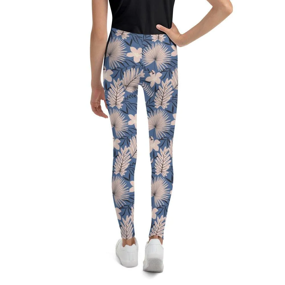 Blue Tropical Flower Youth Leggings