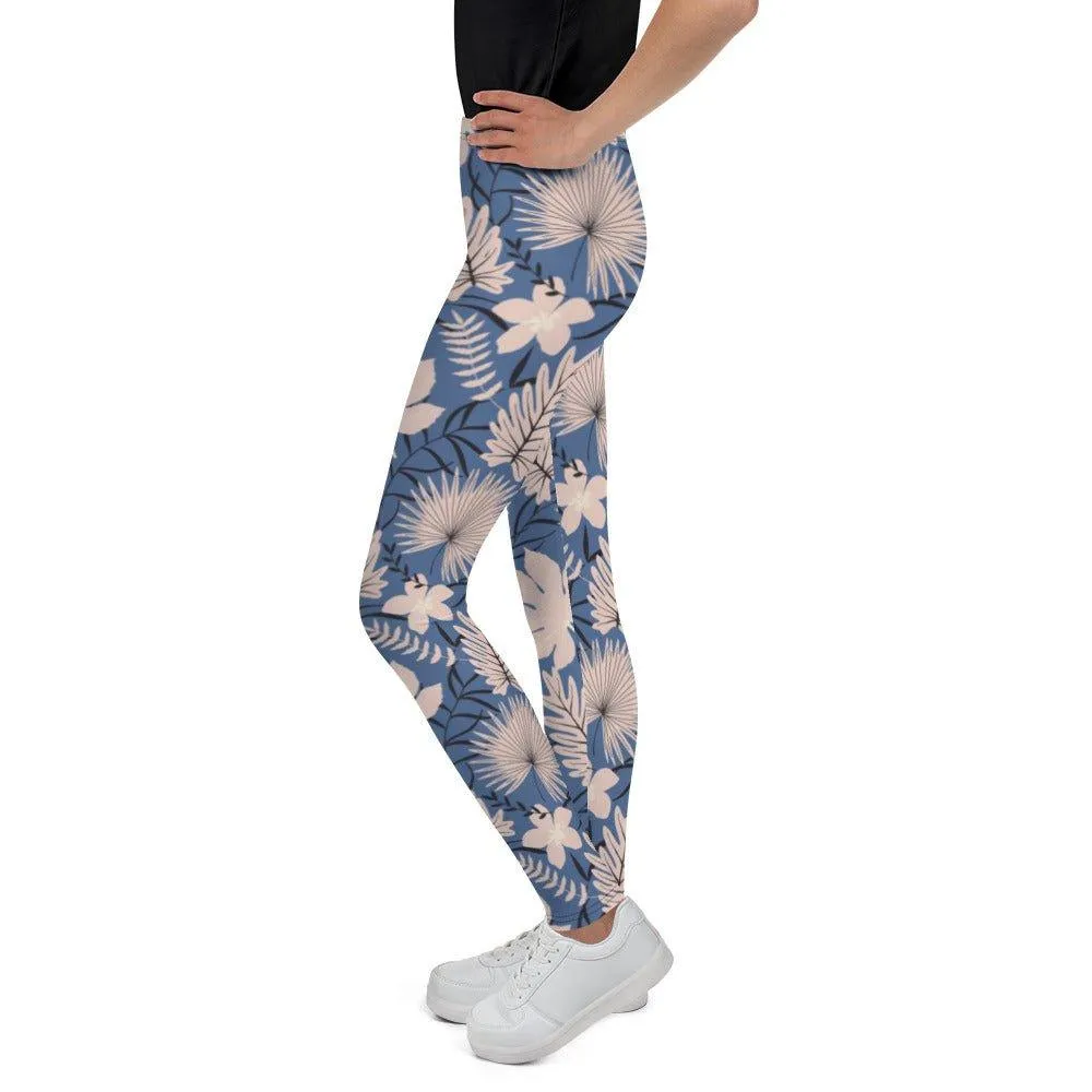 Blue Tropical Flower Youth Leggings