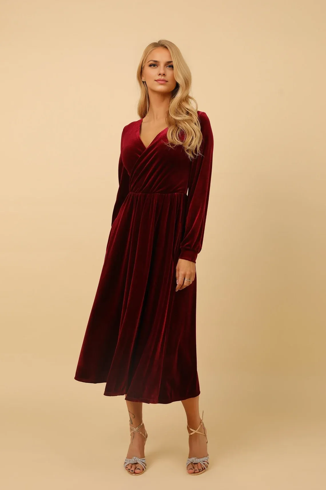 Burgundy Velvet Long Sleeves Winter Midi Dress Evening Dress Wedding Guest Dress Cocktail Dress