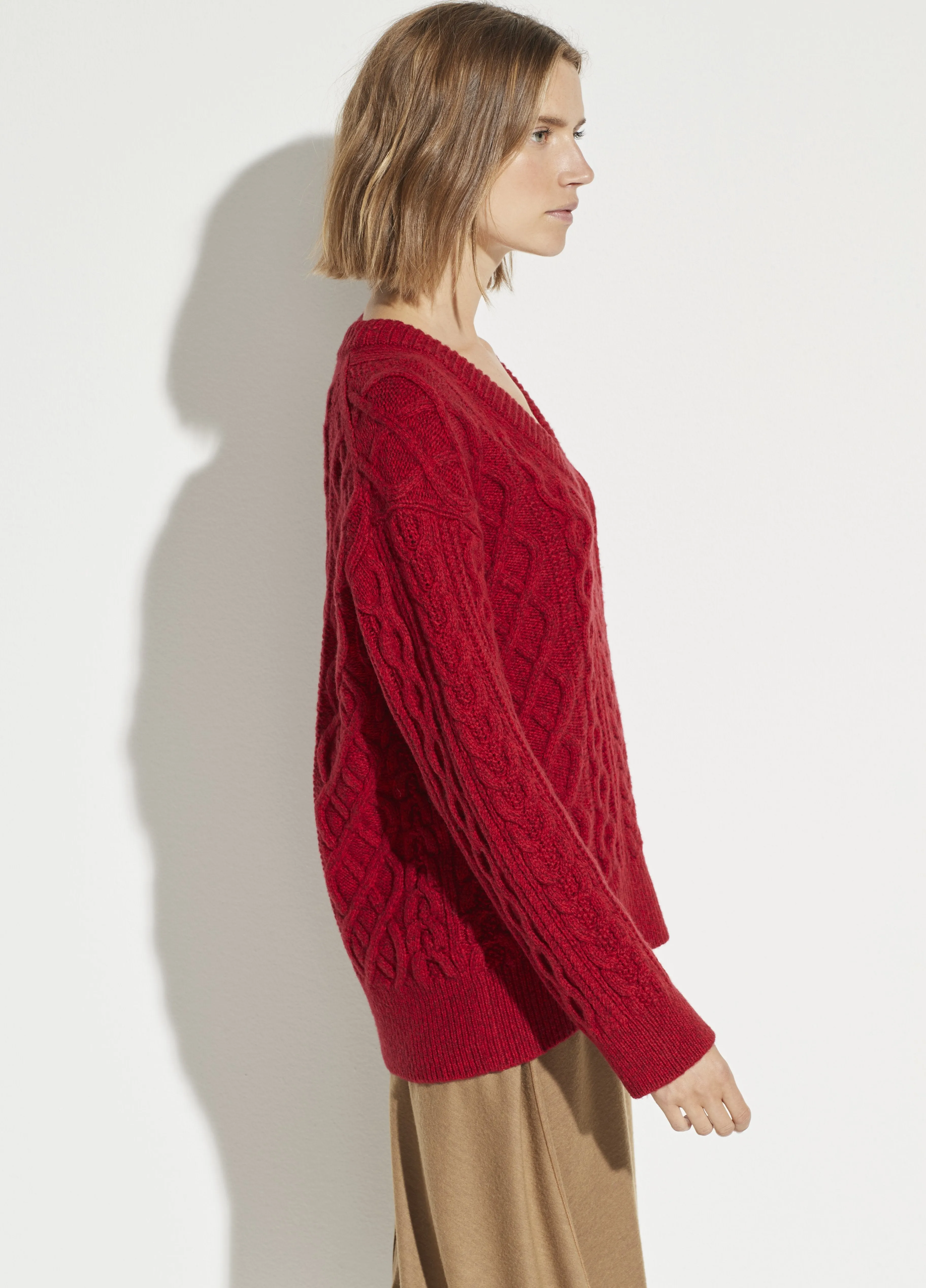 Cable Knit V-Neck in Cherry