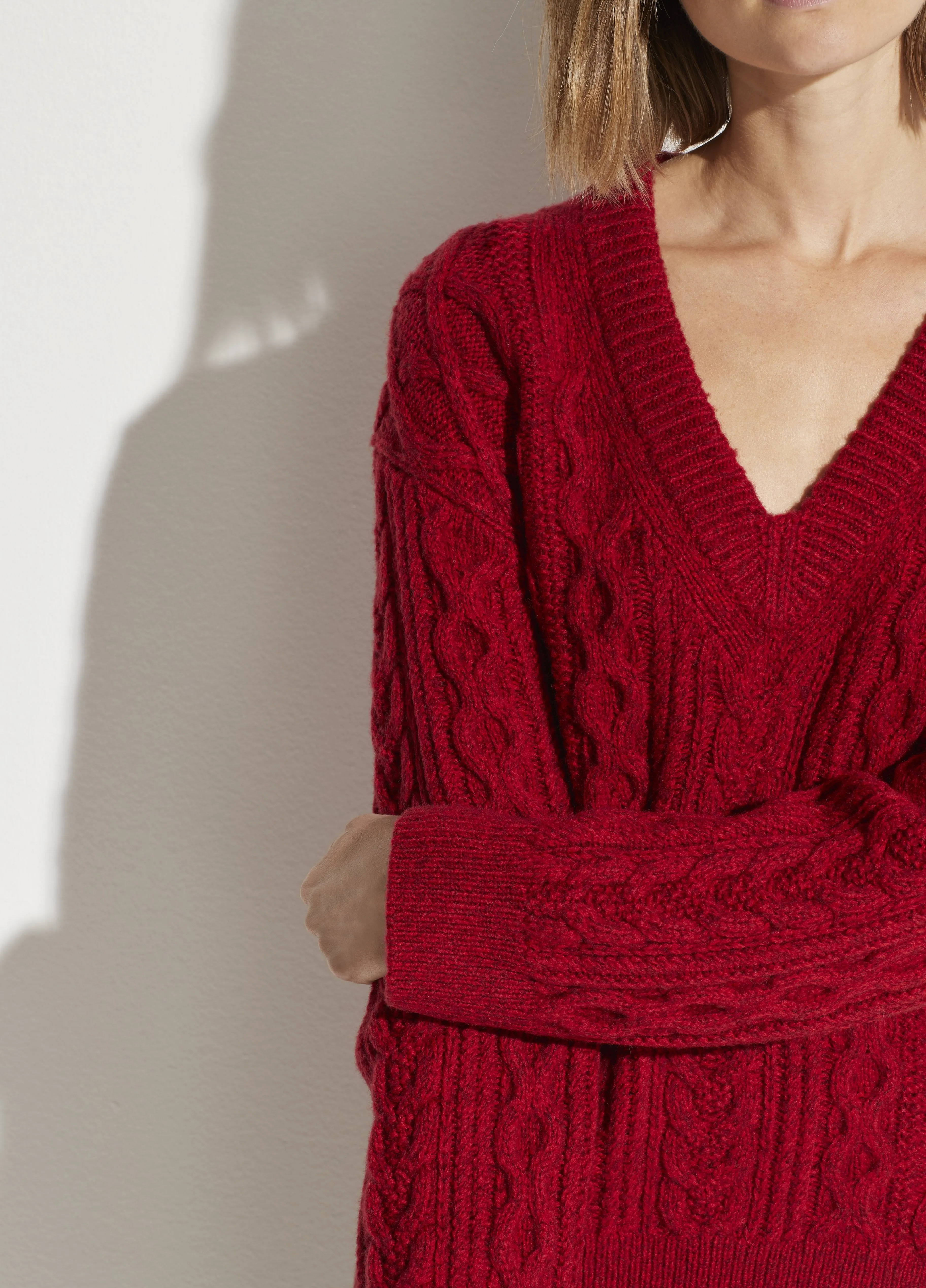 Cable Knit V-Neck in Cherry