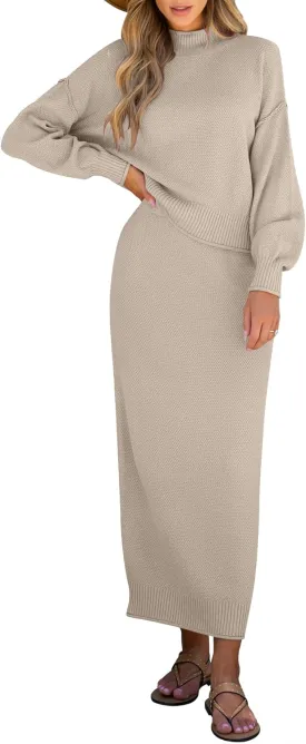Caracilia Women's 2 Piece Outfits Sweater Skirt Sets Long Sleeve Oversized Tops Matching Maxi Skirts 2024 Knit Fall Dress