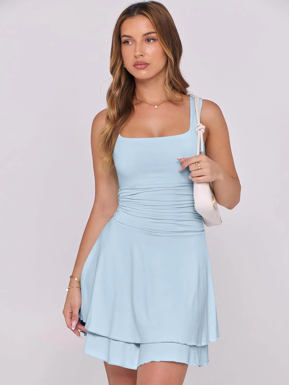Caracilia Womens Square Neck Party Dress Ruffle Hem Ruched Waist Short Cocktail Mini Dresses
