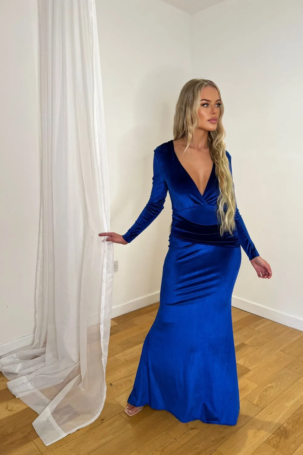 Chanel Royal Blue Velvet V-Neck Stretch Long Sleeve Mermaid Maxi Dress