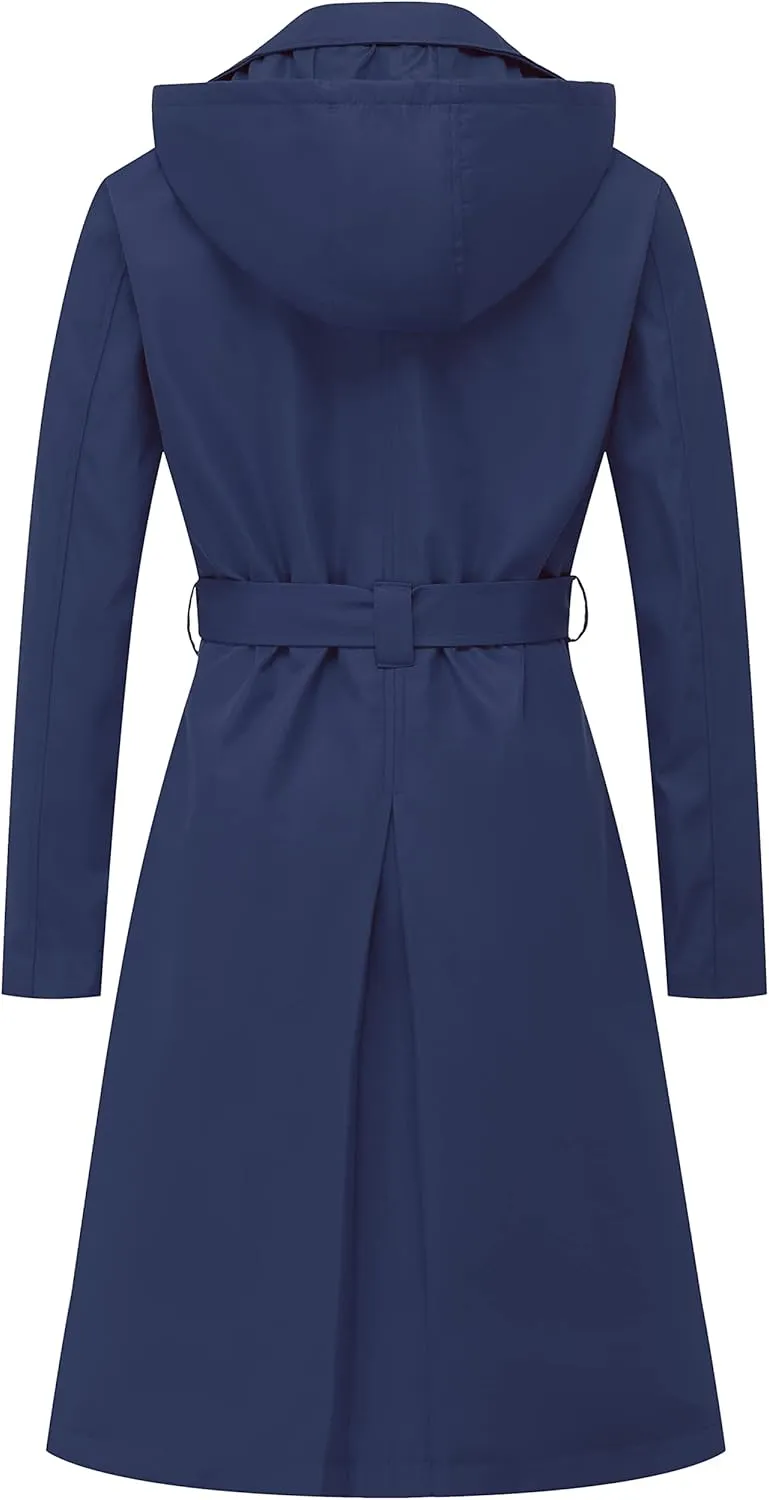 CREATMO US Women's Long Trench Coat Double-Breasted Classic Lapel Overcoat Belted Slim Outerwear Coat with Detachable Hood