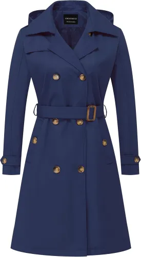 CREATMO US Women's Long Trench Coat Double-Breasted Classic Lapel Overcoat Belted Slim Outerwear Coat with Detachable Hood