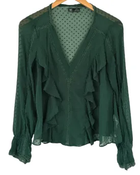 Dark Autumn Pitch Pine Deep-V Ruffle Blouse