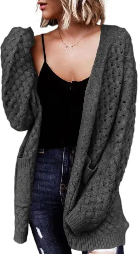 Dokotoo Women's 2024 Fashion Casual Open Front Long Sleeve Chunky Cable Knit Cardigans Sweaters Outerwear Coats with Pockets