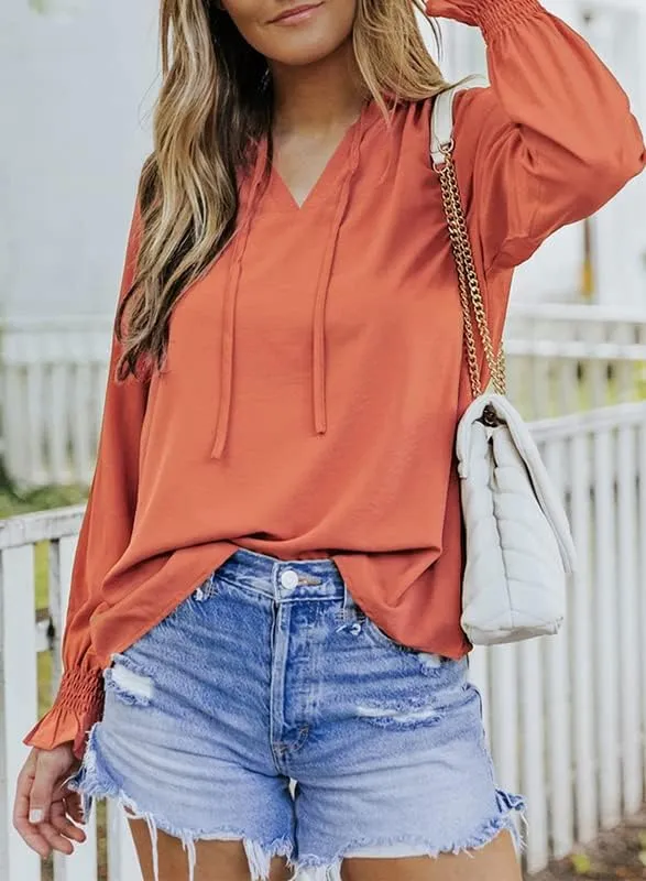 Dokotoo Women's Casual V Neck Tops Drawstring Short Sleeve T Shirt Blouses