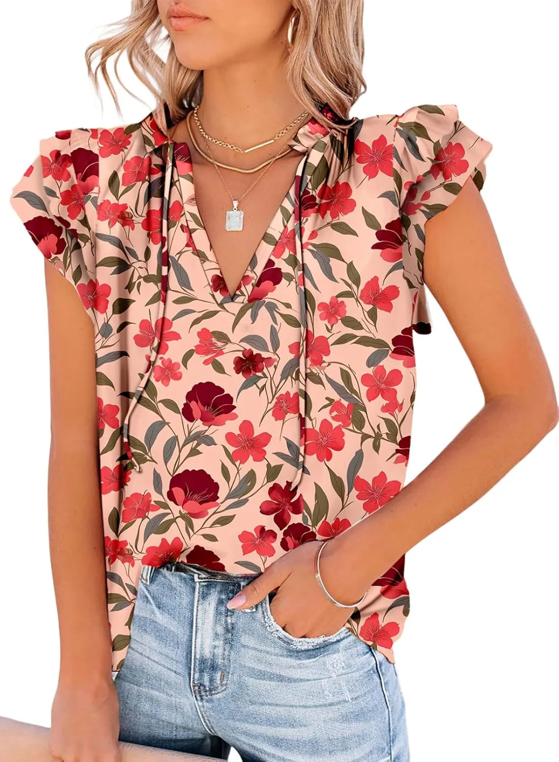 Dokotoo Women's Casual V Neck Tops Drawstring Short Sleeve T Shirt Blouses