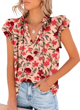 Dokotoo Women's Casual V Neck Tops Drawstring Short Sleeve T Shirt Blouses