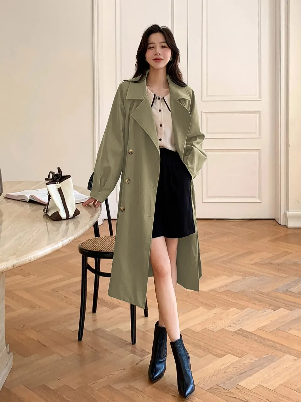 Double Breasted Raglan Sleeve Belted Trench Coat