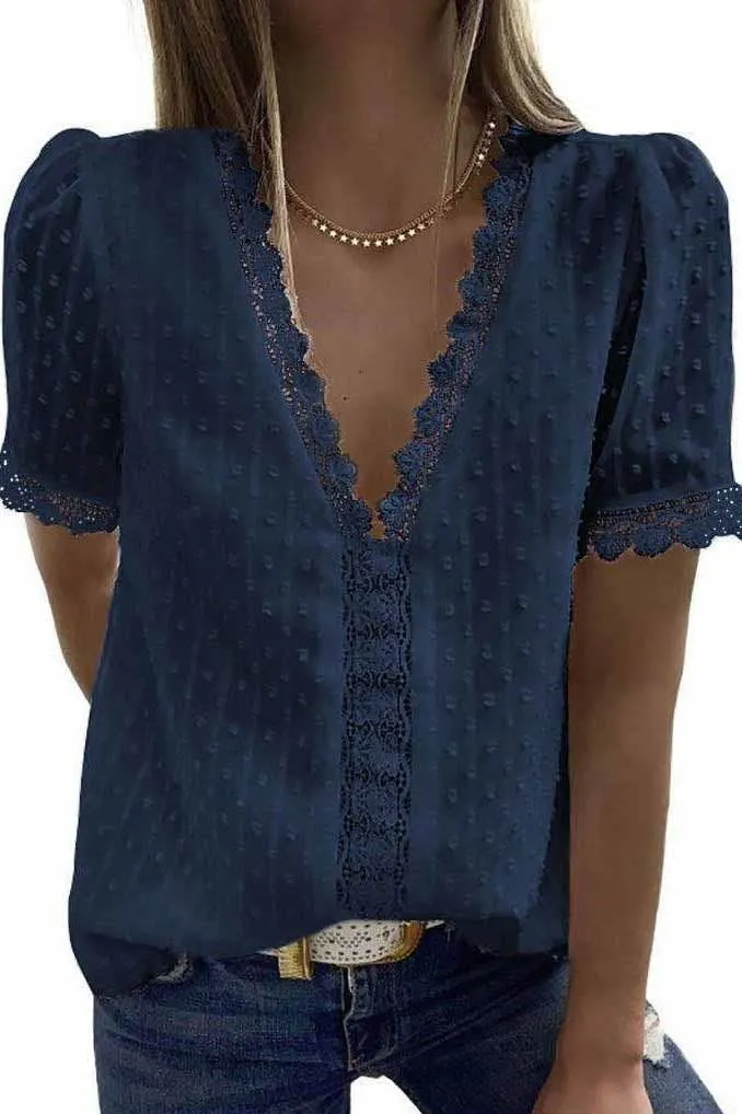 Dreamy Lace Trim V Neckline Blouse - Navy - Last One - Size Small