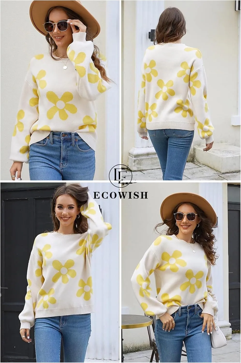 ECOWISH Women's Sweater 2025 Fall - Long Sleeve Crewneck Tops Knit Oversized Pullover Casual Print Jumper