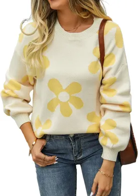ECOWISH Women's Sweater 2025 Fall - Long Sleeve Crewneck Tops Knit Oversized Pullover Casual Print Jumper
