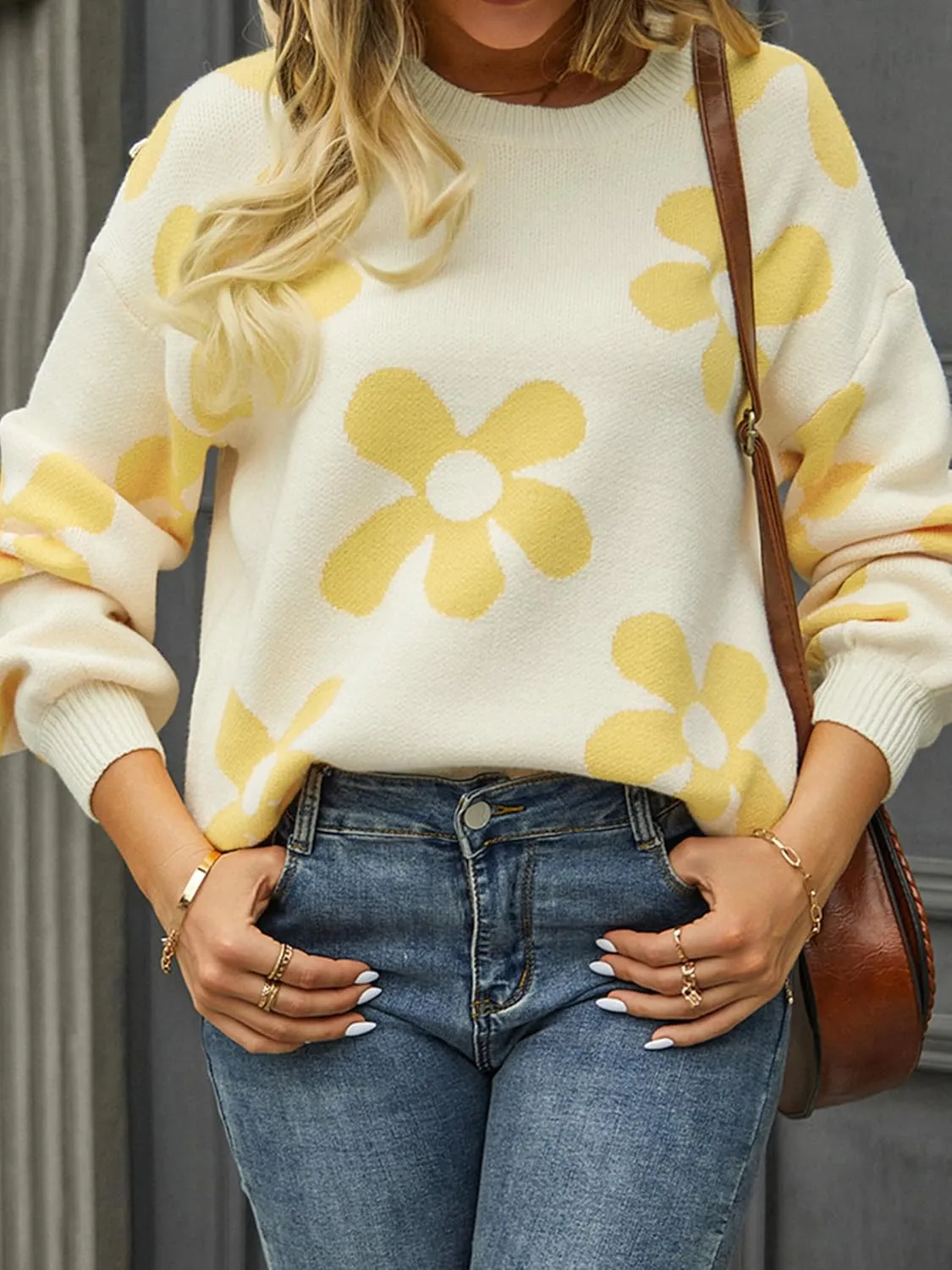 ECOWISH Women's Sweater 2025 Fall - Long Sleeve Crewneck Tops Knit Oversized Pullover Casual Print Jumper