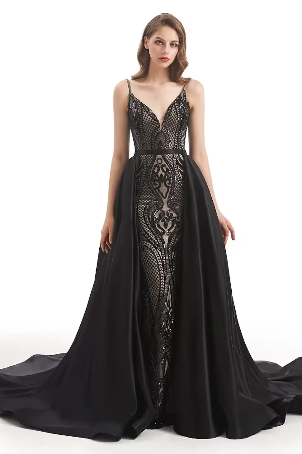 Evening Gown Elegant Dress Engagement Detachable Sleeveless V Neck Detachable Sequined with Sequin