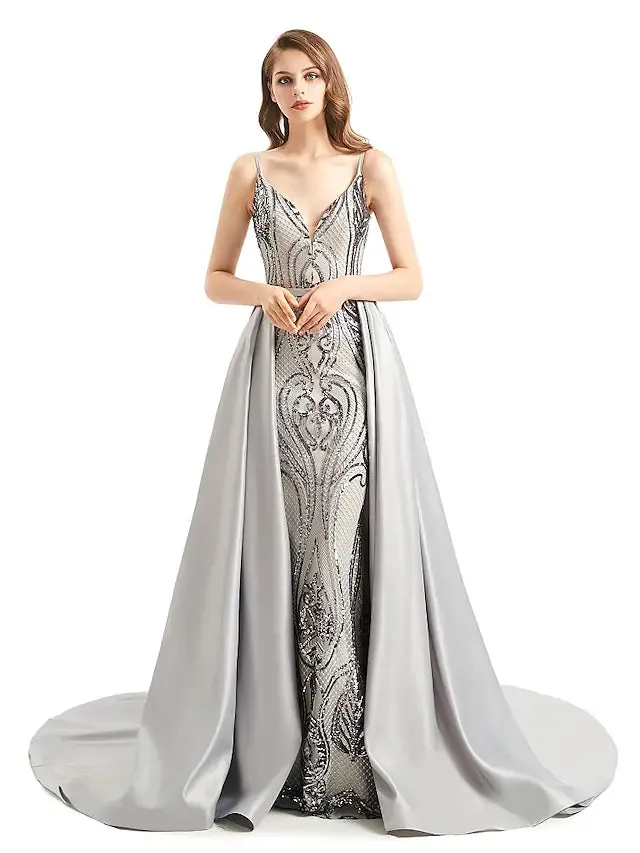 Evening Gown Elegant Dress Engagement Detachable Sleeveless V Neck Detachable Sequined with Sequin