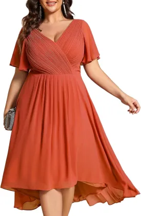 Ever-Pretty Plus Women‘s Short Sleeves V Neck A Line Chiffon Knee Length Plus Size Cocktail Dress for Curvy Women