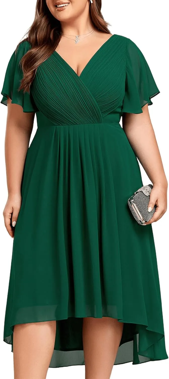 Ever-Pretty Plus Women‘s Short Sleeves V Neck A Line Chiffon Knee Length Plus Size Cocktail Dress for Curvy Women