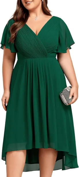 Ever-Pretty Plus Women‘s Short Sleeves V Neck A Line Chiffon Knee Length Plus Size Cocktail Dress for Curvy Women