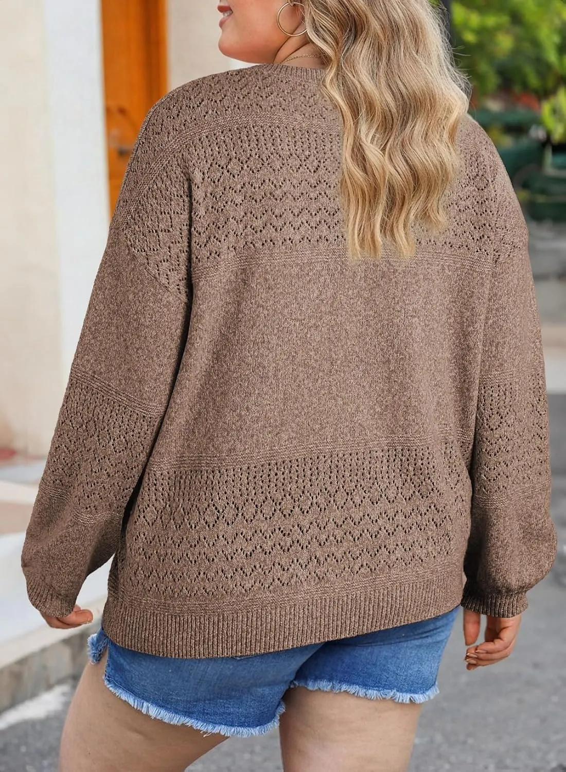 Eytino Womens Plus Size Sweater Casual Long Sleeve V Neck Crochet Knit Lightweight Pullover Sweater Tops(1X-5X)