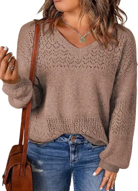 Eytino Womens Plus Size Sweater Casual Long Sleeve V Neck Crochet Knit Lightweight Pullover Sweater Tops(1X-5X)