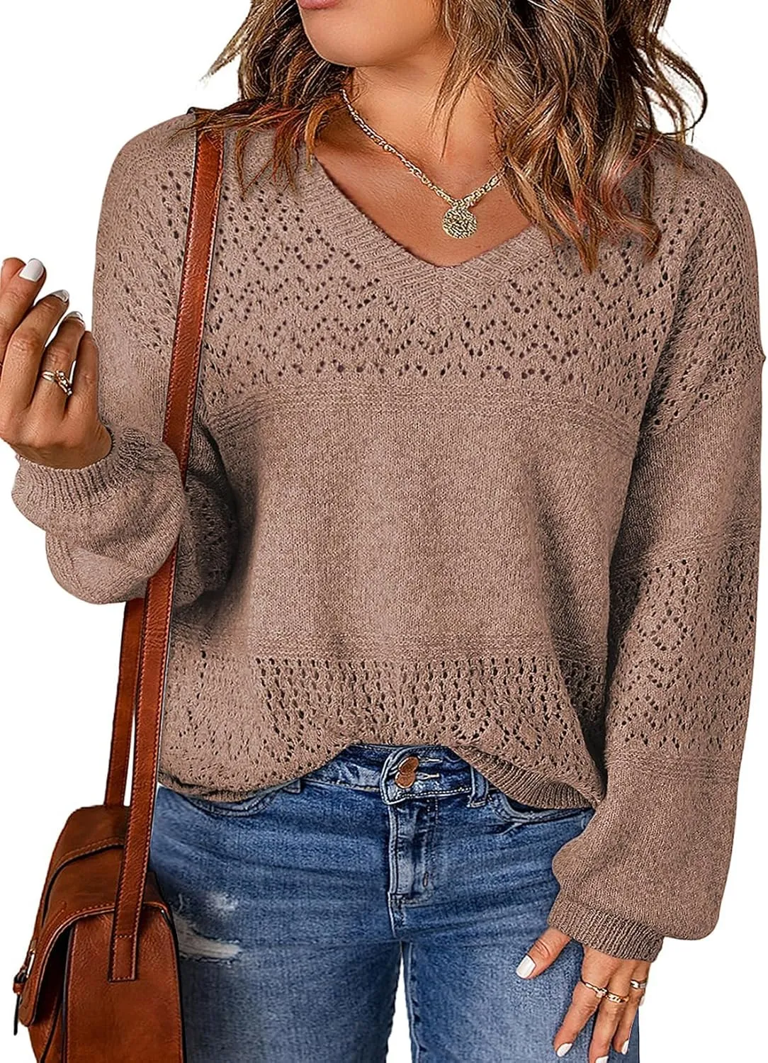 Eytino Womens Plus Size Sweater Casual Long Sleeve V Neck Crochet Knit Lightweight Pullover Sweater Tops(1X-5X)