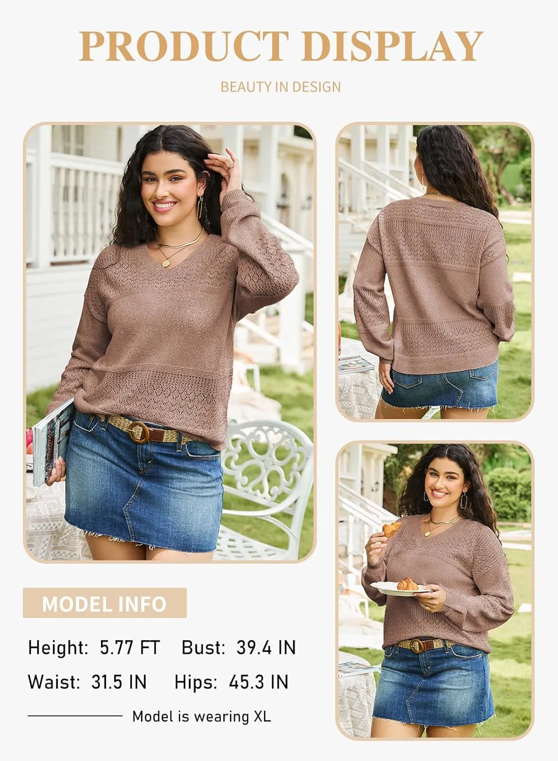 Eytino Womens Plus Size Sweater Casual Long Sleeve V Neck Crochet Knit Lightweight Pullover Sweater Tops(1X-5X)