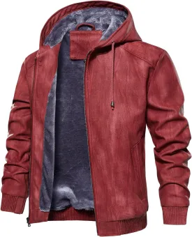 FANARCHER Mens Faux Leather Jacket Fleece Padded Bomber Motorcycle Jacket with Hood