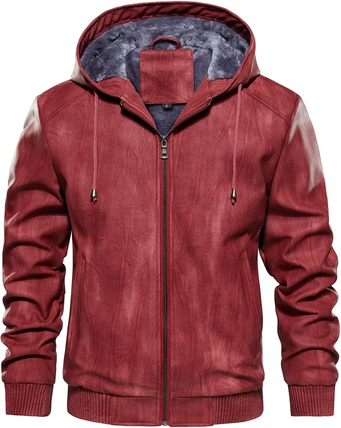 FANARCHER Mens Faux Leather Jacket Fleece Padded Bomber Motorcycle Jacket with Hood