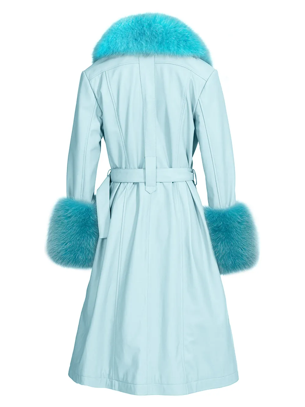 Faux Fur Genuine Leather Coat in Light Blue & Blue